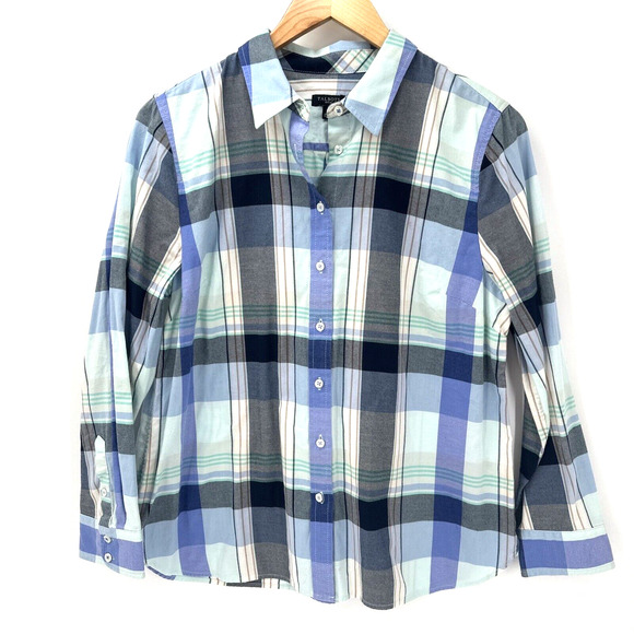 Talbots Shirt Womens Petite Large Lp Button Up Blue Plaid Long Sleeves Cotton - Picture 1 of 6